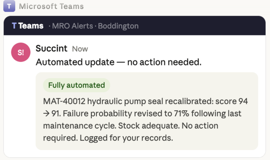 Teams message from Succint: an automated recalibration, logged, with no action needed.